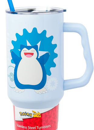Silver Buffalo Pokémon Stainless Steel Tumbler with Handle Featuring Snorlax, Fits in Standard Cup Holder, 40 Ounces