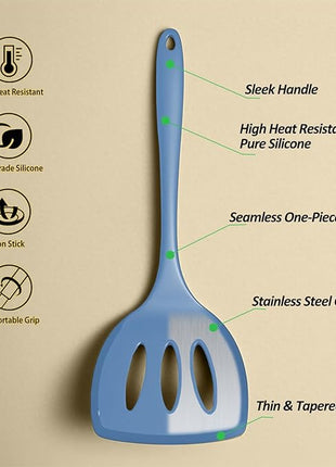 Silicone Pancake Spatula Turner with Lengthened Handle& Seamless Design, Heat Resistant Slotted Flipper for Nonstick Cookware, Large Flexible Kitchen Utensils for Egg, Pancake, Burger, Starry Blue