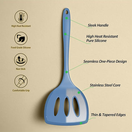 Silicone Pancake Spatula Turner with Lengthened Handle& Seamless Design, Heat Resistant Slotted Flipper for Nonstick Cookware, Large Flexible Kitchen Utensils for Egg, Pancake, Burger, Starry Blue