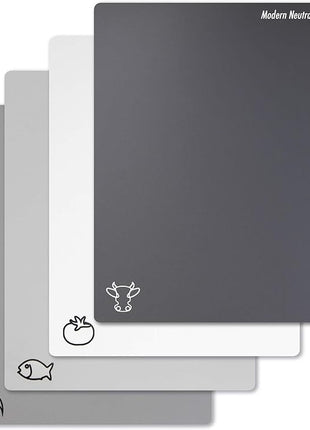 Fotouzy Flexible Plastic Cutting Board Mats with Food Icons, BPA-Free, Non-Porous, 100% Non-slip Back and Dishwasher Safe, Unique Modern Neutral Colors, Set of 4 Gray