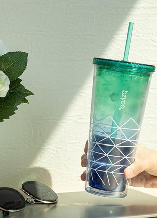 bzyoo SIP 24oz (710ml) Double Wall Plastic Tumbler with Lid and Straw Cold Drink Travel Mug Party Reusable Cup For Office Outdoor Dining Gift For Him & Her (Blue & Green)