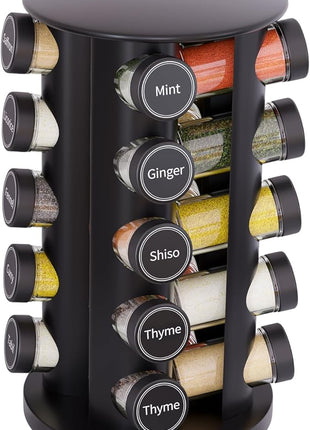 New England Stories Revolving Spice Rack Set with 20 Spice Jars, Kitchen Spice Tower Organizer for Countertop or Cabinet - Carousel Storage Includes 386 Spice Labels (Black)