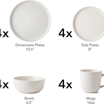 SKUGGA Round Stoneware 16pc Dinnerware Set of 4, Dinner Plates, Side Plates, Cereal Bowls, Mugs - Matte White (466817)