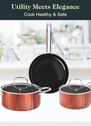 Pots and Pans Set Non Stick, 7 Piece Ceramic Cookware Set, Non Toxic Kitchen Induction Cookware Sets, Pots and Pans Cooking Set with Oven Safe Handle, 100% PFOA Free, Copper