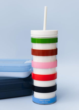 kate spade new york Acrylic Tumbler with Lid and Straw, 24 oz Tumbler, Slim Double Wall Tumbler, Adventure Stripe