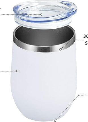 MEWAY 12oz/8 Pack Wine Tumbler Glasses with Lid - Stemless Double Wall Vacuum Stainless Steel Travel Tumbler - Keeping Cold & Hot for Wine,Coffee,Cocktails,Drinks-Family and Gifts (White,Set of 8)