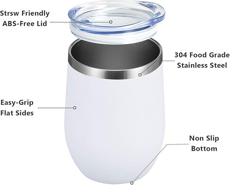 MEWAY 12oz/8 Pack Wine Tumbler Glasses with Lid - Stemless Double Wall Vacuum Stainless Steel Travel Tumbler - Keeping Cold & Hot for Wine,Coffee,Cocktails,Drinks-Family and Gifts (White,Set of 8)