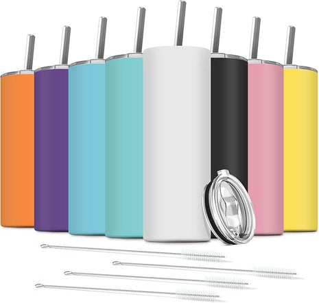 8 Pack Stainless Steel Skinny Tumbler, 20 OZ Double-Insulated Water Tumbler Cup with 8 Straw and 4 Brush, Vacuum Travel Mug Gift for Hot Cold Drinks with Cleaning(Assorted Colors)