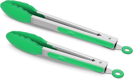 Set of 2 Kitchen Tongs, Premium Stainless Steel Locking 9-Inch & 12-Inch Silicone Grilling Barbeque Cooking Food Tong, Dark Green