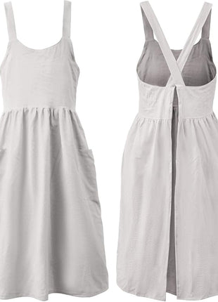 Uaussi Cotton Linen Apron Cross Back Work Apron for Women with Pockets Pinafore Dress X Cross Halter Apron for Chef Gardening