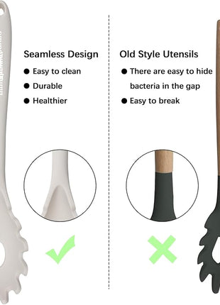 Silicone Cooking Spoons, Heat Resistant Large Silicone Pasta Slotted Spoon Solid Basting Spoon set for Nonstick Cookware, BPA Free Black Kitchen Silicone Spoons set for Mixing, Serving, Draining White