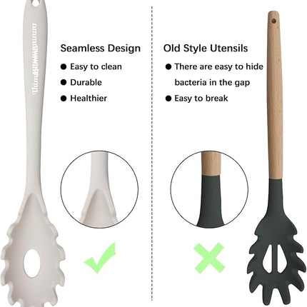 Silicone Cooking Spoons, Heat Resistant Large Silicone Pasta Slotted Spoon Solid Basting Spoon set for Nonstick Cookware, BPA Free Black Kitchen Silicone Spoons set for Mixing, Serving, Draining White