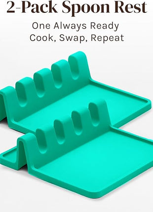 Aqua Green Silicone Spoon Rest for Stove Top with Drip Pad (Two Pack) - Heat-Resistant, BPA-Free Utensil Rest & Spoon Holder for Kitchen Counter - Grill Utensil Holder for Spatulas, Tongs, Ladles