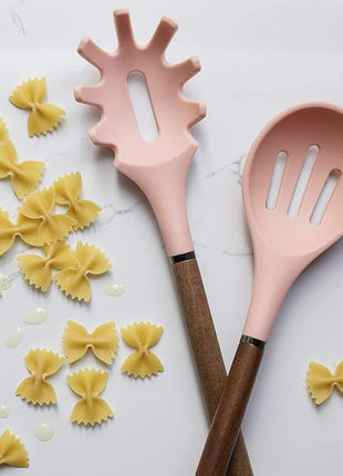 Country Kitchen Non Stick Silicone Utensil Set with Rounded Wood Handles for Cooking and Baking, 8 Piece Set, Pink