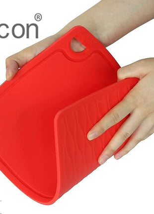 Liflicon Thick Cutting Boards for Kitchen Silicone Chopping Board Set of 2 Mid 12.6'' x 9.1”,Mini 9.1”x7.1” Non-slip Deep Drip Juice Groove Easy Grip Handle,Dishwasher Safe-Red
