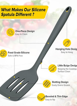 Pack of 2 Silicone Spatula Turners, Non Stick Slotted Kitchen Spatula Set, Heat Resistant BPA Free Kitchen Utensils, One-Piece Design, Suitable for Flipping Fish, Eggs, Steak, Pancakes(GRAY)