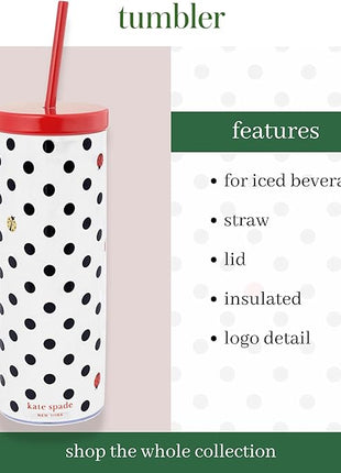 kate spade new york Acrylic Tumbler with Lid and Straw, 24 oz Tumbler, Slim Double Wall Tumbler (Ladybug Dot)