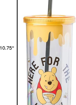 Silver Buffalo Winnie the Pooh Here for Hunny Plastic Tall Cold Cup with Lid and Straw, 20 Ounces