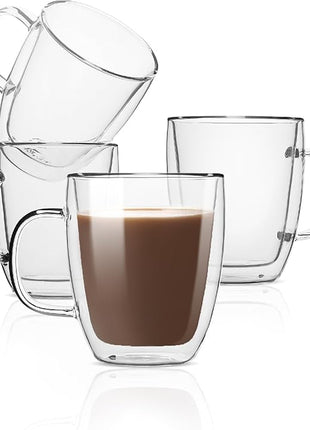 BTaT- Double Wall Glass Cups, Set of 4 (8 oz, 240 ml), Tea Cups, Glass Coffee Mugs, Cappuccino Cups, Latte Cups, Latte Mug, Clear Coffee Cup, Espresso Glass, Glass Tea Cups, Glass Coffee Cups