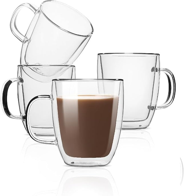 BTaT- Double Wall Glass Cups, Set of 4 (8 oz, 240 ml), Tea Cups, Glass Coffee Mugs, Cappuccino Cups, Latte Cups, Latte Mug, Clear Coffee Cup, Espresso Glass, Glass Tea Cups, Glass Coffee Cups