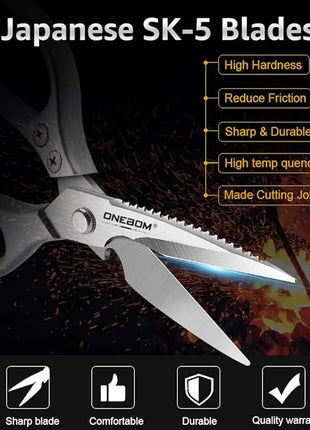 ONEBOM Kitchen Shears 2 Pack,Multi-Function Kitchen Scissors Heavy Duty Sharp 304 Stainless Steel, Apartment Kitchen Accessories Cooking Shears for Chicken,Meat,Fish,Poultry(Sliver)