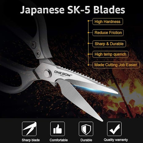 ONEBOM Kitchen Shears 2 Pack,Multi-Function Kitchen Scissors Heavy Duty Sharp 304 Stainless Steel, Apartment Kitchen Accessories Cooking Shears for Chicken,Meat,Fish,Poultry(Sliver)
