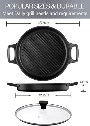 S·KITCHN Cast Aluminum Griddle Pan for Stovetop with Lid - Lighter than Cast Iron Skillet,Round Frying Pans Nonstick Grill Pan Dishwasher & Oven Safe,12IN
