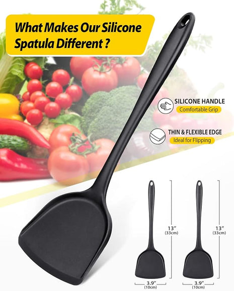 Pack of 2 Silicone Wok Spatula, Non-Stick, Heat Resistant, Easy to Clean and Dishwasher Safe, Seamless Kitchen Utensil for Cooking, Baking, Stir-Fry (Black)