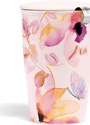 Tea Forte Double-Walled Ceramic Kati Cup, Removable Stainless Steel Infuser Basket and Lid, Steeps 12 oz Loose Leaf Tea, Dishwasher & Microwave Safe, Mariposa