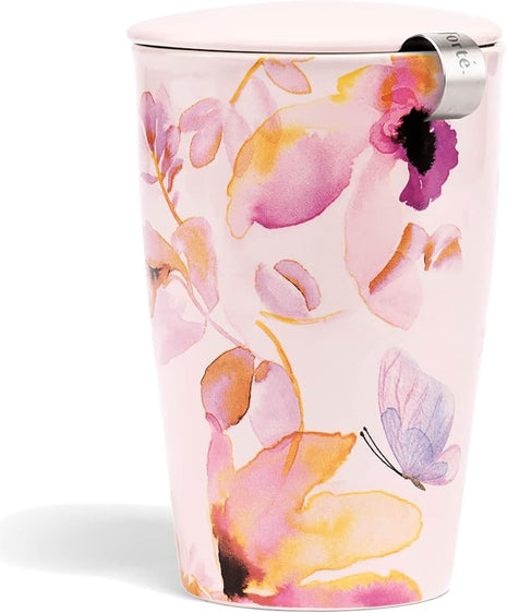 Tea Forte Double-Walled Ceramic Kati Cup, Removable Stainless Steel Infuser Basket and Lid, Steeps 12 oz Loose Leaf Tea, Dishwasher & Microwave Safe, Mariposa