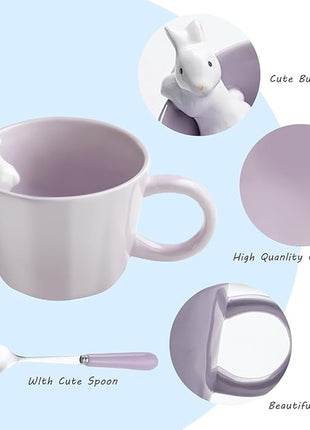 BigNoseDeer Cute Easter Bunny Mugs with 3D Rabbit Inside Ceramic Bunny Coffee Mug with Spoon Cute Gifts Easter Gifts for Women Kids 12oz (Purple)