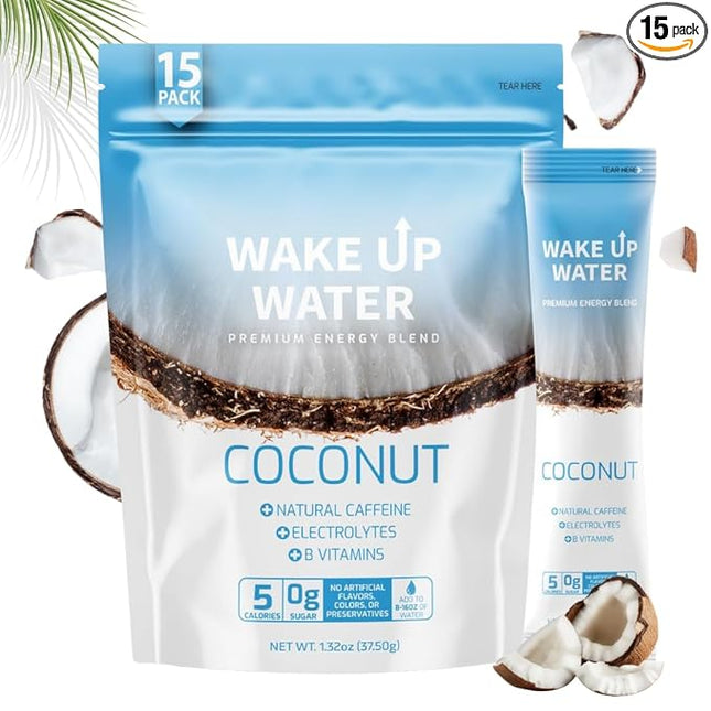 Wake Up Water Energy Drink Mix, Sugar Free Clean Energy Powder with Electrolytes & B Vitamins, Natural Caffeine for Focus & Hydration (15 Pack) - Coconut