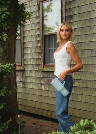 HydroJug Traveler - 32 oz Water Bottle with Handle & Flip Straw - Fits in Cup Holder, Leak Resistant Tumbler-Reusable Insulated Stainless Steel & Rubber Base - Gifts for Women & Men, Cape Cod