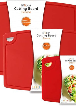 Liflicon Silicone Thick Cutting Boards Mats Set of 3pcs Foldable & Flexible Design Juice Grooves Easy Grip Handle Dishwasher Safe for Kitchen,BPA free Silicone Cutting Boards/Mats-Red