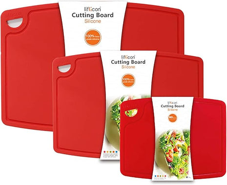 Liflicon Silicone Thick Cutting Boards Mats Set of 3pcs Foldable & Flexible Design Juice Grooves Easy Grip Handle Dishwasher Safe for Kitchen,BPA free Silicone Cutting Boards/Mats-Red