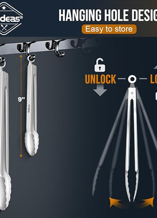All Metal Tongs For Cooking - Heat Resistant 600 Degrees Stainless Steel Kitchen Tongs, Set of 2-9" & 12 inch, Locking Tongs, For Food,Salad, BBQ, Grilling, Dishwasher safe