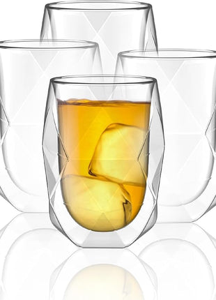 BTaT- Insulated Coffee Mug, Double Wall Glass, Diamond Shape, Set of 4 (12oz, 350ml), Coffee Cups, Tea Cups, Latte Mug, Christmas Gifts