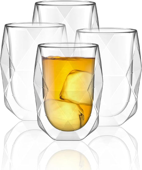 BTaT- Insulated Coffee Mug, Double Wall Glass, Diamond Shape, Set of 4 (12oz, 350ml), Coffee Cups, Tea Cups, Latte Mug, Christmas Gifts