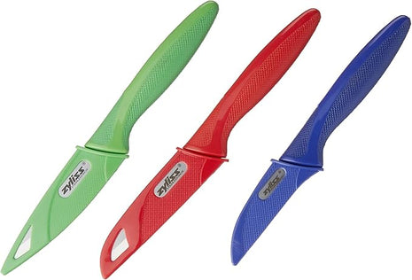 Zyliss 3 Piece Peeling & Paring Knife Set with Covers - Kitchen Knives for Fruits & More - Ideal for Kitchen Collections - Blue, Green, & Red