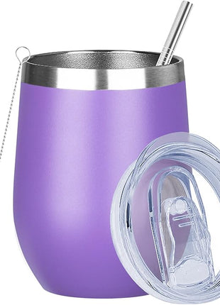 MEZMUT 12oz Insulated Wine Tumbler with Lid Double Wall Vacuum Stainless Steel Wine Glass Coffee Mug Insulated Tumbler Cup for Champaign, Cocktail, Beer (Purple, 1 Pack)