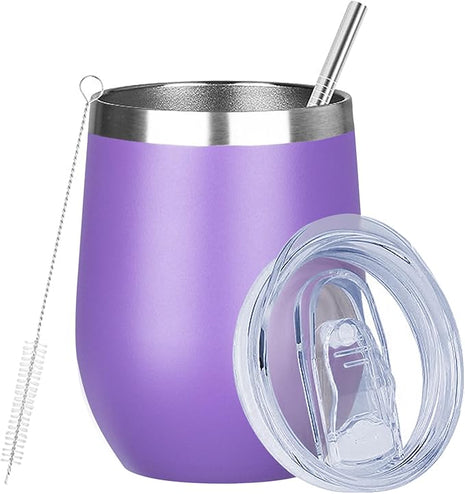 MEZMUT 12oz Insulated Wine Tumbler with Lid Double Wall Vacuum Stainless Steel Wine Glass Coffee Mug Insulated Tumbler Cup for Champaign, Cocktail, Beer (Purple, 1 Pack)