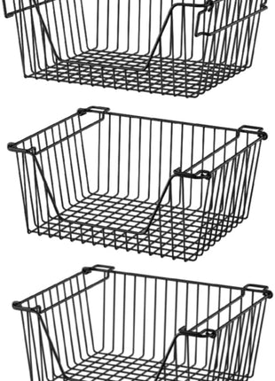 Slideep Wire Storage Baskets, Freezer Baskets Farmhouse Stackable Organizer Storage Bins Large Organizer for Storage, Office, Bathroom, Pantry Organization Storage with Handles 14" Black -Set of 3