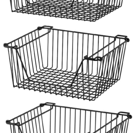 Slideep Wire Storage Baskets, Freezer Baskets Farmhouse Stackable Organizer Storage Bins Large Organizer for Storage, Office, Bathroom, Pantry Organization Storage with Handles 14" Black -Set of 3