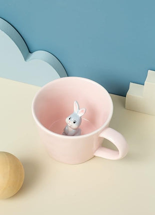 DIHOclub Rabbit Ceramic Cup Hidden 3D Animal Inside Mug,Cute Cartoon Bunny Handmade Figurine Mugs,Easter Gifts,12 OZ (Pink)