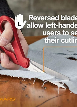 Fiskars All-Purpose Left-Handed Scissors, Gifts for Mom, Ergonomically Contoured, Stainless Steel, 8", Red