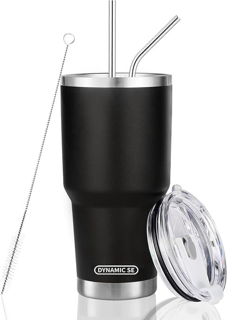 D·S 30 oz Black Tumbler Stainless Steel Double Wall Vacuum Insulated Mug with Straw and Lid, Cleaning Brush for Cold and Hot Beverages