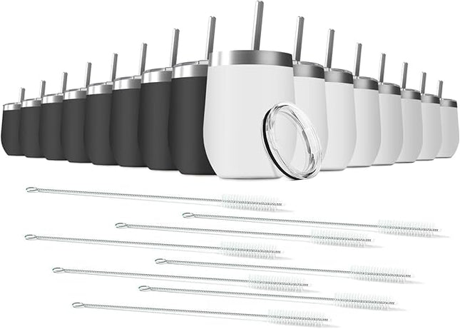 16 Pack 12oz Wine Tumbler with Lid With straw Stainless Steel Wine Tumbler Cups Double Wall Vacuum Insulated Travel Mugs Stemless Cup