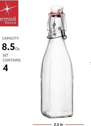 Bormioli Rocco Swing Top Glass Bottle (Set of 4) - 8.5 oz Reusable Container with Secure Metal Clasp, Ideal for Homemade Juices, Oil Infusions, Condiments, Mixers - Everyday Drinking Glasses