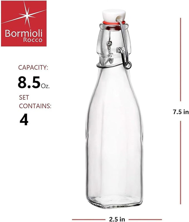 Bormioli Rocco Swing Top Glass Bottle (Set of 4) - 8.5 oz Reusable Container with Secure Metal Clasp, Ideal for Homemade Juices, Oil Infusions, Condiments, Mixers - Everyday Drinking Glasses