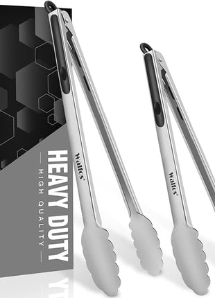 Walfos Extra Long Grill Tongs - Heavy Duty Metal Tongs - 16 & 12 inch Great for Grilling,BBQ/Barbecue,Cooking - Stainless Steel and Non-Slip Heat Resistant Silicone Handle (Set of 2)